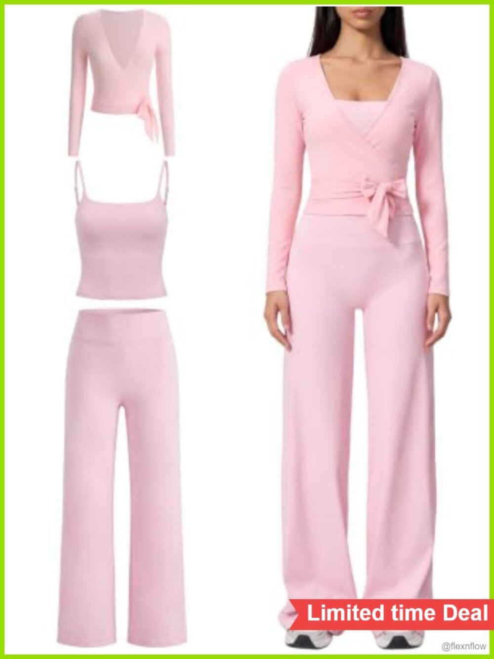 3 Piece Workout Set Spaghetti Strap Tank Wide Leg Leggings Wrap Top